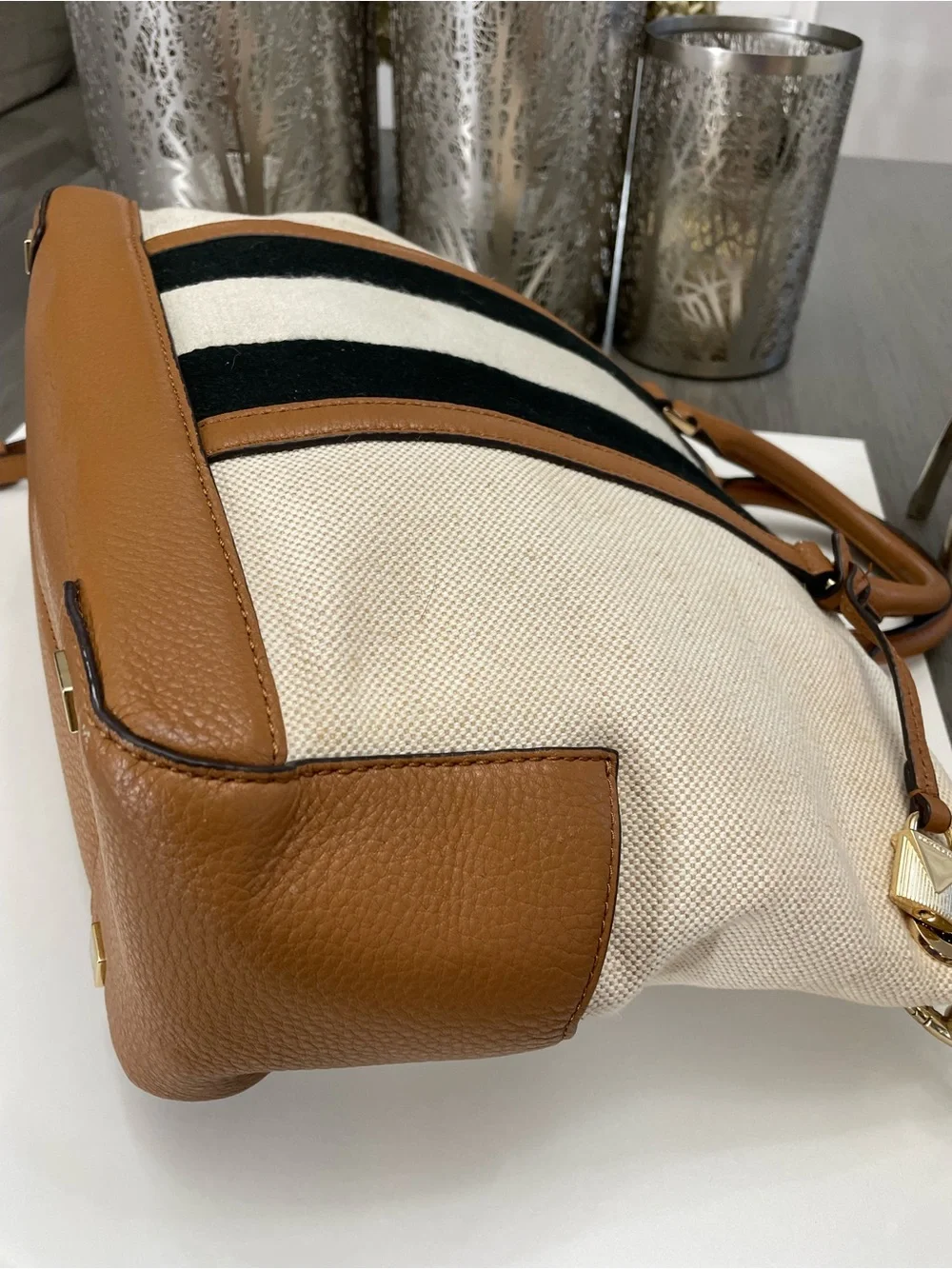 Michael Kors Canvas Leather Satchel Crossbody Bag Stripe Large Beige Brown Tot
